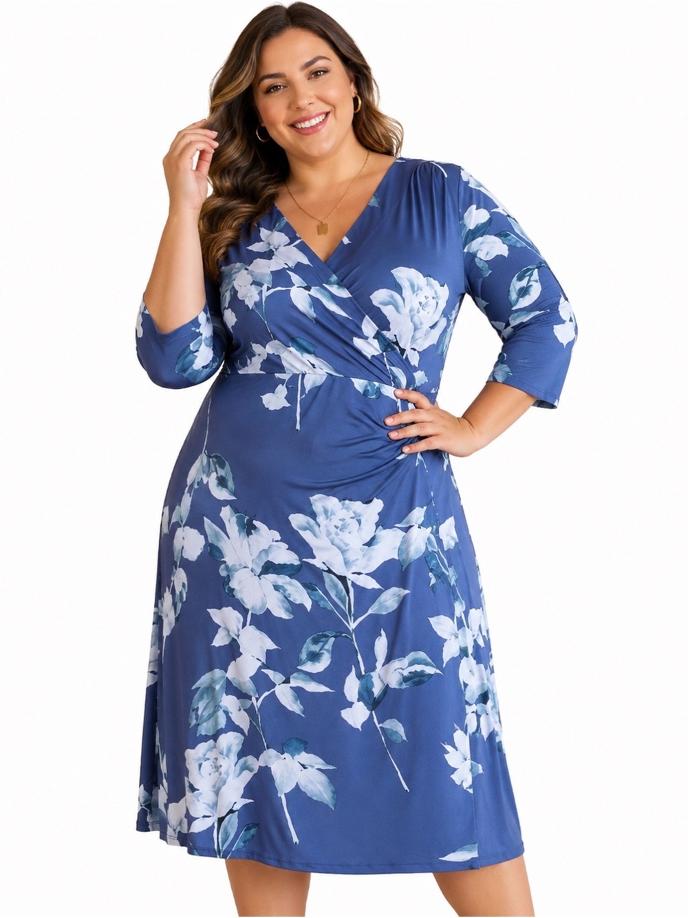 Soft Surroundings Hyannis Dress Plus Size 3X Blue Floral Faux Wrap Stretch Midi
